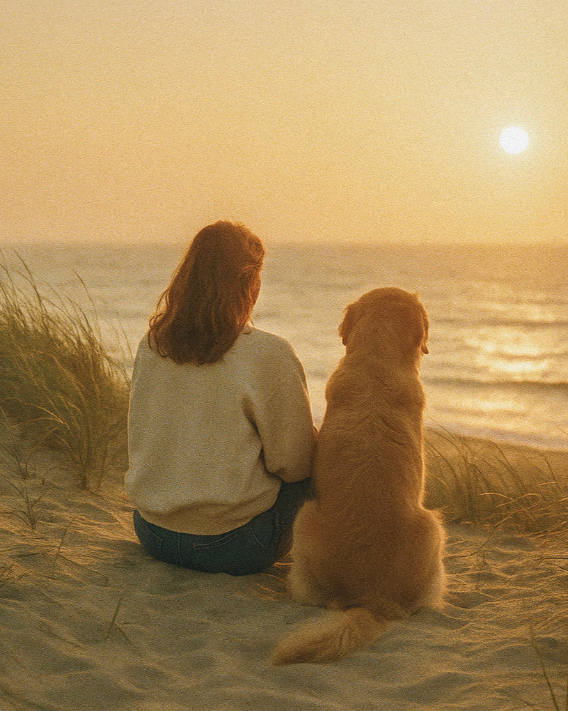 Foto homepage van vrouw en hond die op strand naar zonsondergang kijken